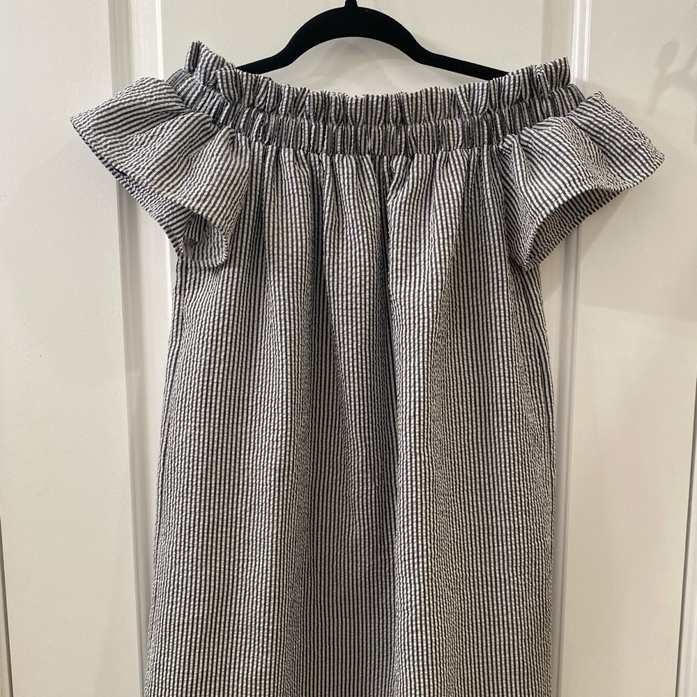 Rebellion blue seersucker off the shoulder dress